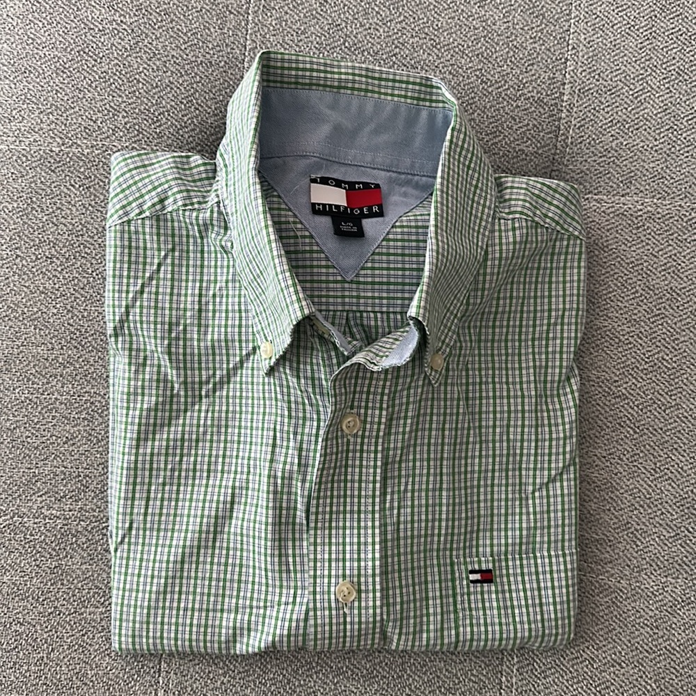 Tommy Hilfiger Short Sleeve 100% Cotton Button Down Shirt Plaid Green - Large